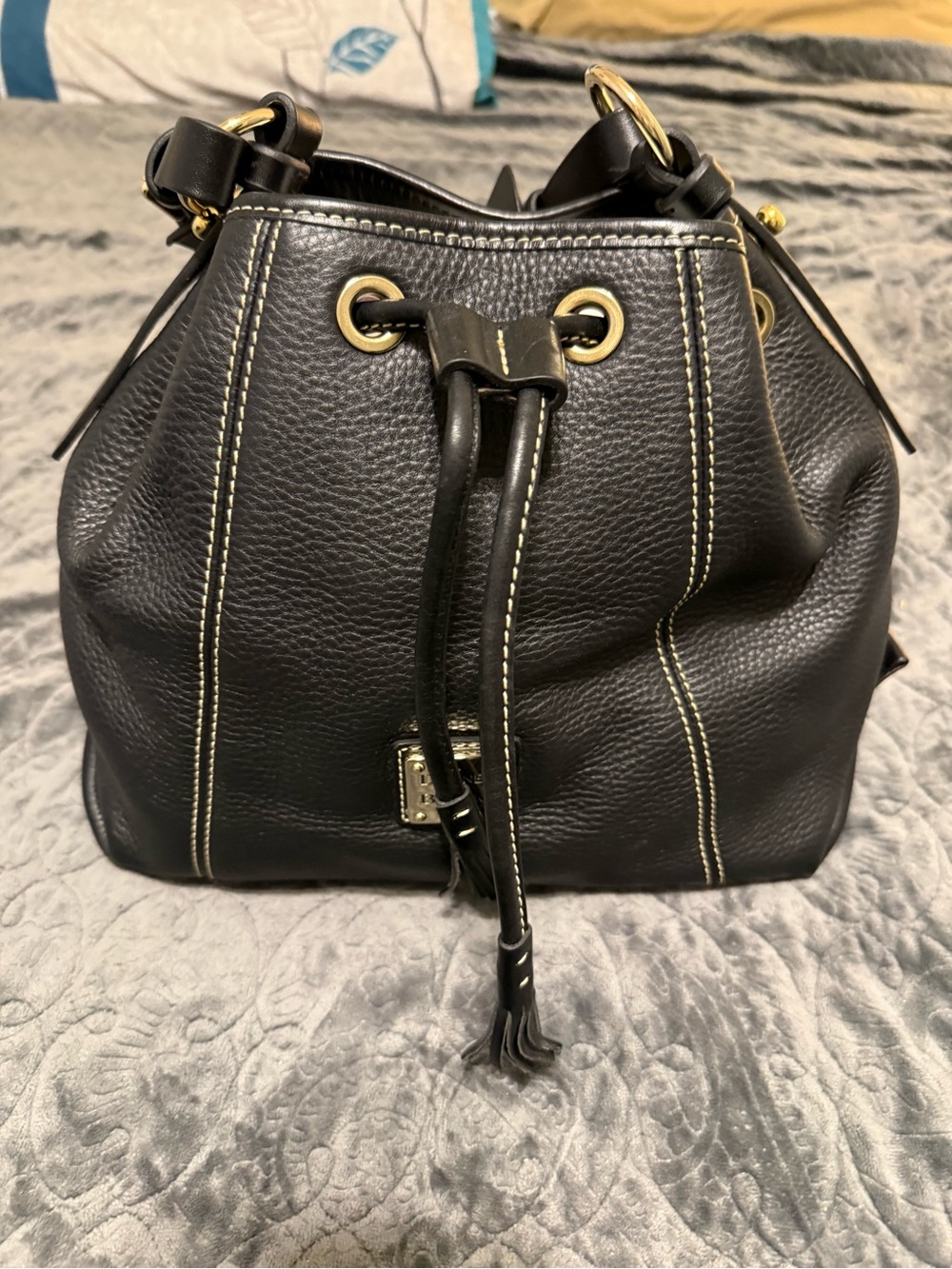 Black Leather Drawstring Bucket Bag